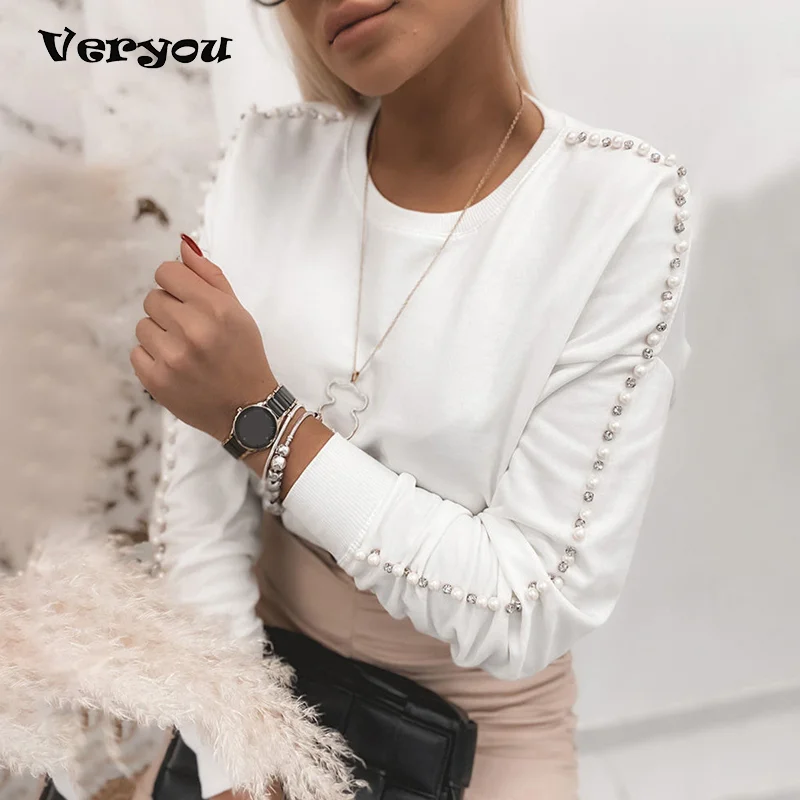 

Beading Knitted Solid Color Tshirts Spring Autumn Women T-shirts Hollow Out Long Sleeve Basic Top O-Neck Pearl Casual Tees