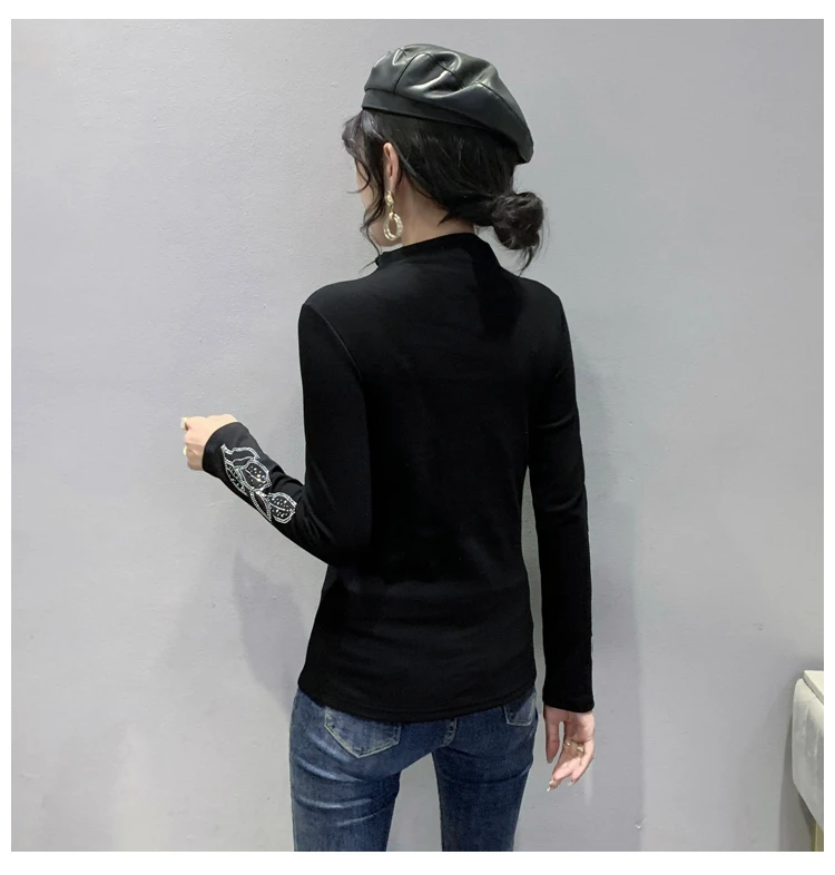 MadBlack Fall Winter Clothes Thick T-Shirt Sexy Diamonds Spliced Women Cotton Tops With Fleece Bottoming Shirt New Tees T1N419A