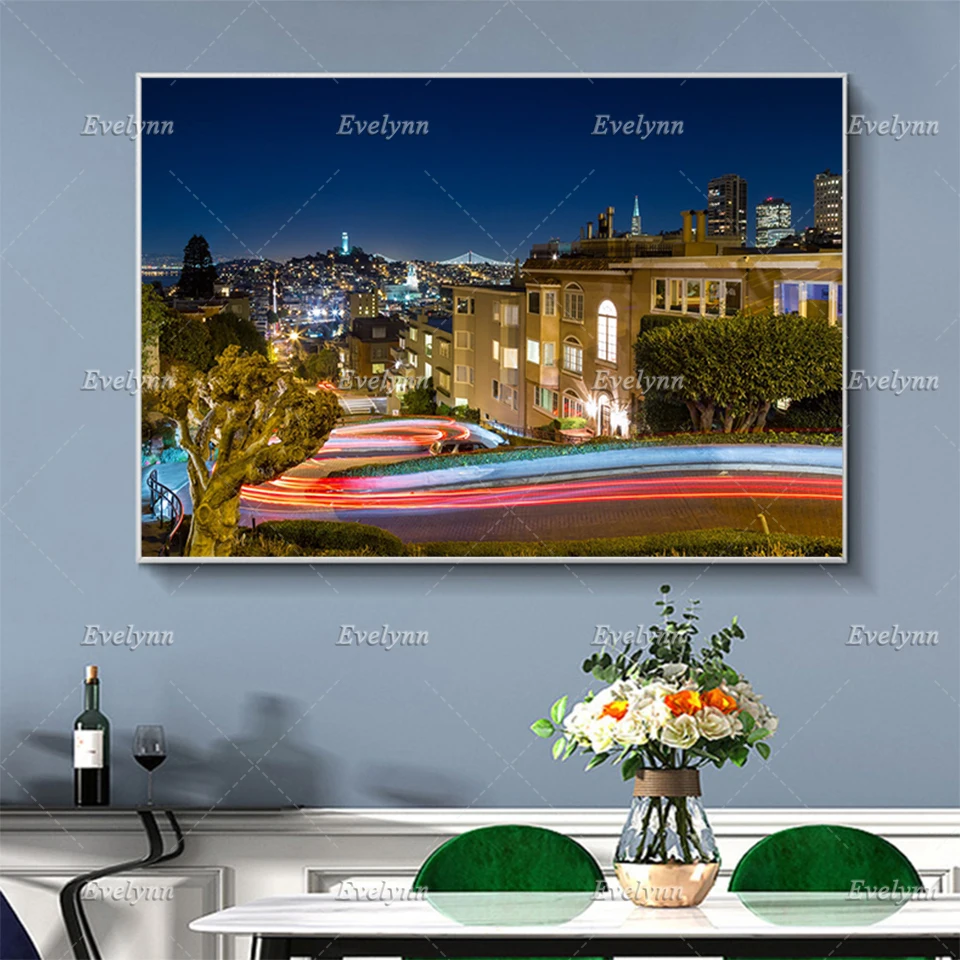 San Fran Crooked Lombard Street Landscape Print - San Francisco City - Wall Art Prints Home Decor Canvas Gift Floating Frame