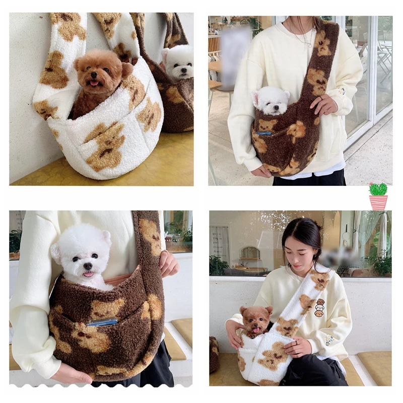 Cute Bear Fleece Pet Sling Bag Carrier Transport Dog Tote Shoulder Bag With Fur Lining Winter Warm Little Small Cat Animal Goods