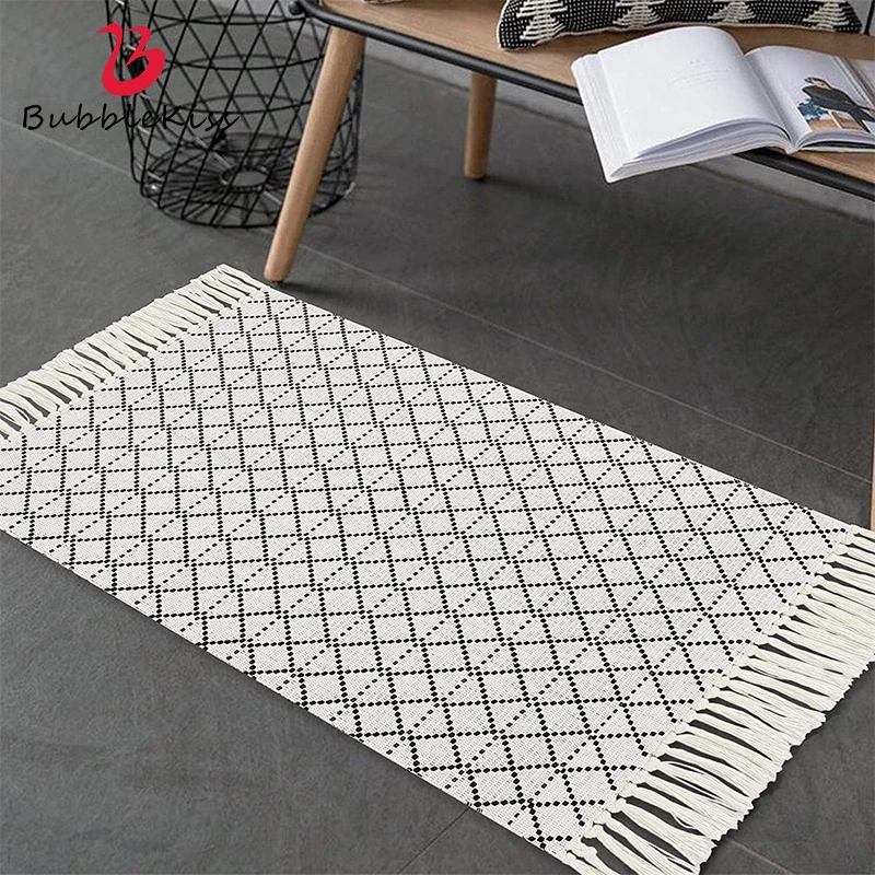 Bubble Kiss Nordic Style Cotton Linen Carpet for Living Room Handmade Tassel Geometric Pattern Bedroom Rug Bedside Door Mats