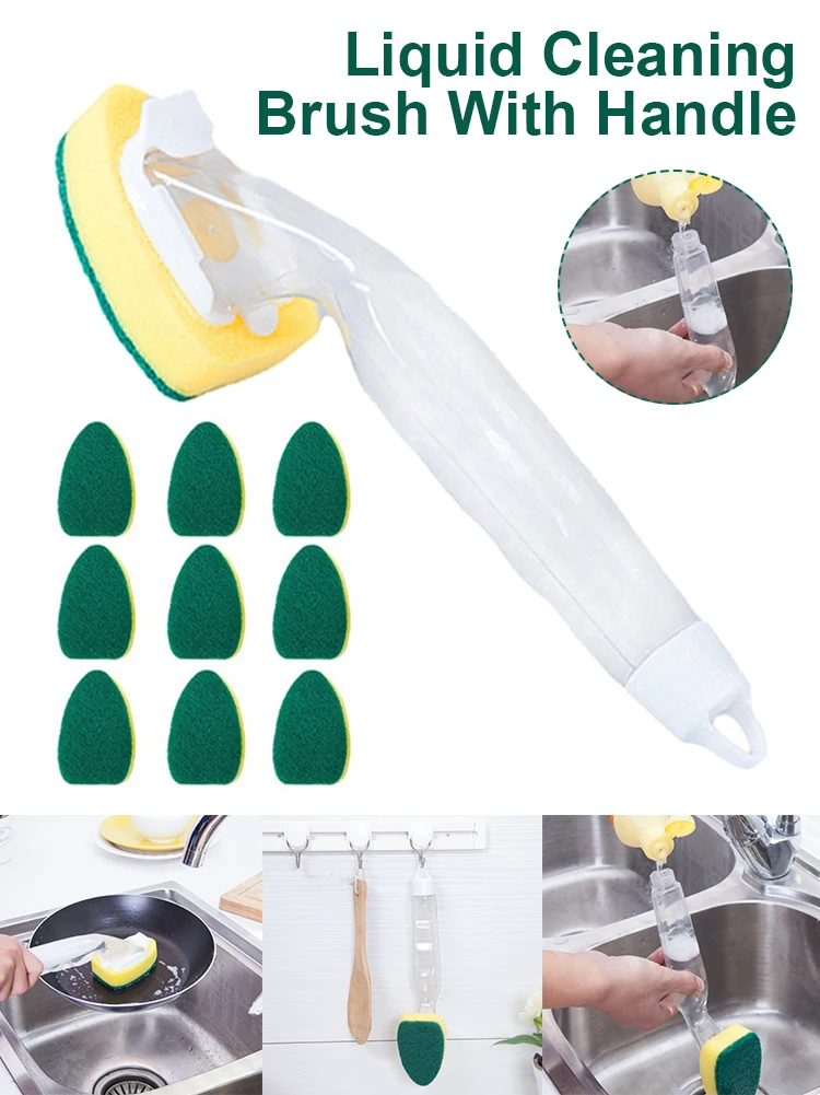 Soap Dispensing Dish Cleaning Brush Set with 1 Dish Washing Handle 9 Sponge Replacement Head Kitchen Sink Scrubber Cleaning Tool