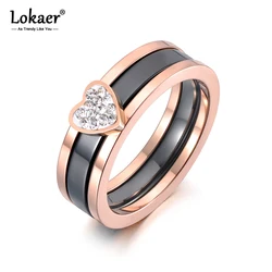 Lokaer Titanium Stainless Steel Ceramic Crystal 2 In 1 Heart Wedding Ring Trendy Anniversary Rings Jewelry For Women Girl R19100