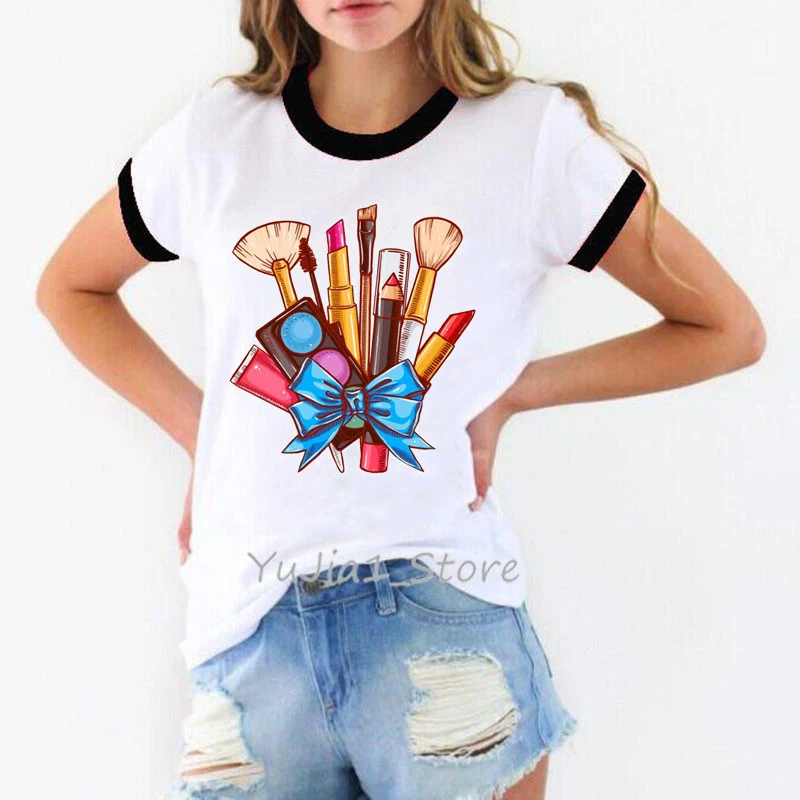 Watercolor Makeup Brush Print Funny Tshirt Women Kawaii Clothes 90s Hipster Tops Tee Shirt Femme White T Shirt Streetwear