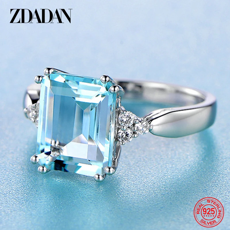 ZDADAN 925 Sterling Silver Fashion Aquamarine Gemstone Ring Dla kobiet Biżuteria ślubna Prezenty hurtowe