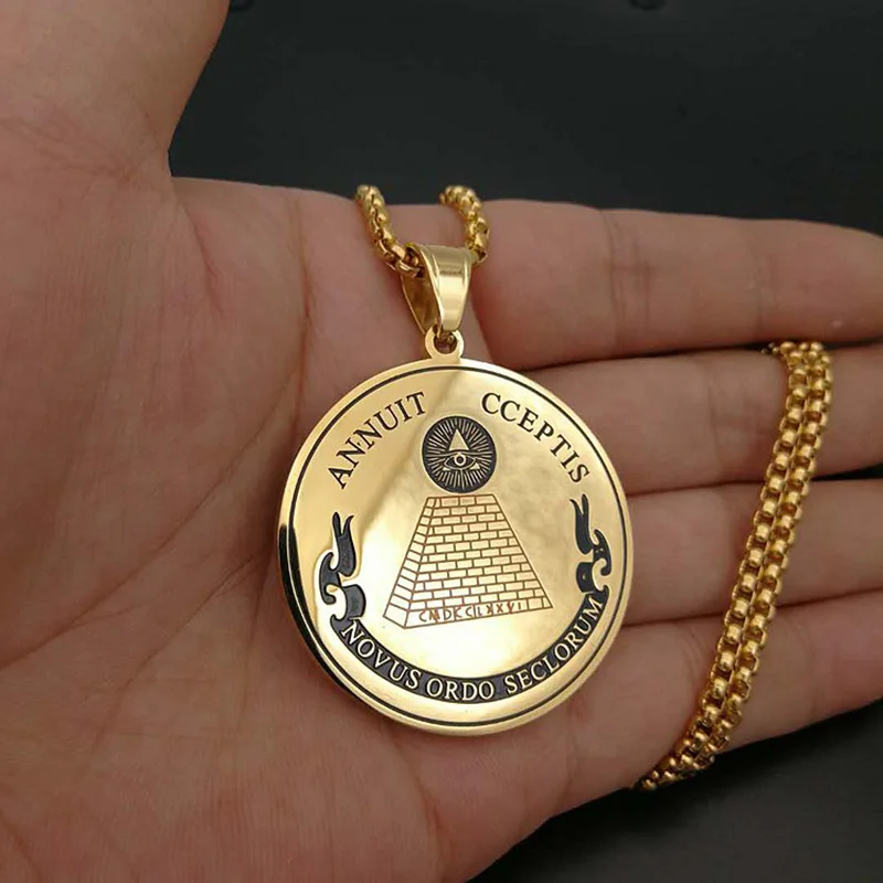 Hip Hop Acero inoxidable Illuminati Eye Annuit Cceptis Novus Ordo Seclorum collares con colgante masónico para hombres joyería de moda