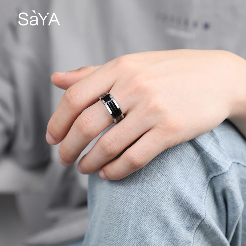 8MM Width High Polished Rings for Men Tungsten Carbide Band for Anniversary Inlay Black Ceramic, Customized