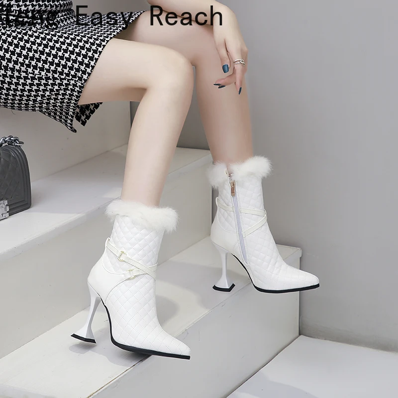 

Women Ankle Boots Rabbit Fur Fashion Party Pumps Square High Heels Boots Black white Side Zipper Winter Bootes Size 33-48