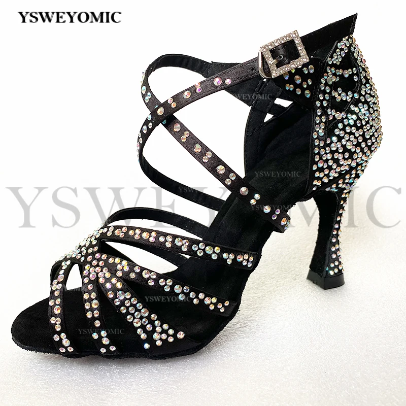 Rhinestones Women Latin Dance Shoes Black Satin AB Crystal High Cuban Heel 9cm Suede Outsole Bachata Salsa Latin Dance Shoes