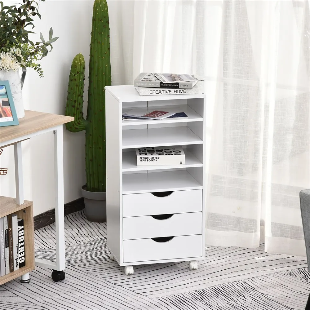 Vinsetto office auxiliary furniture studio large storage space with 3 drawers 4 open shelves 4 white wheels