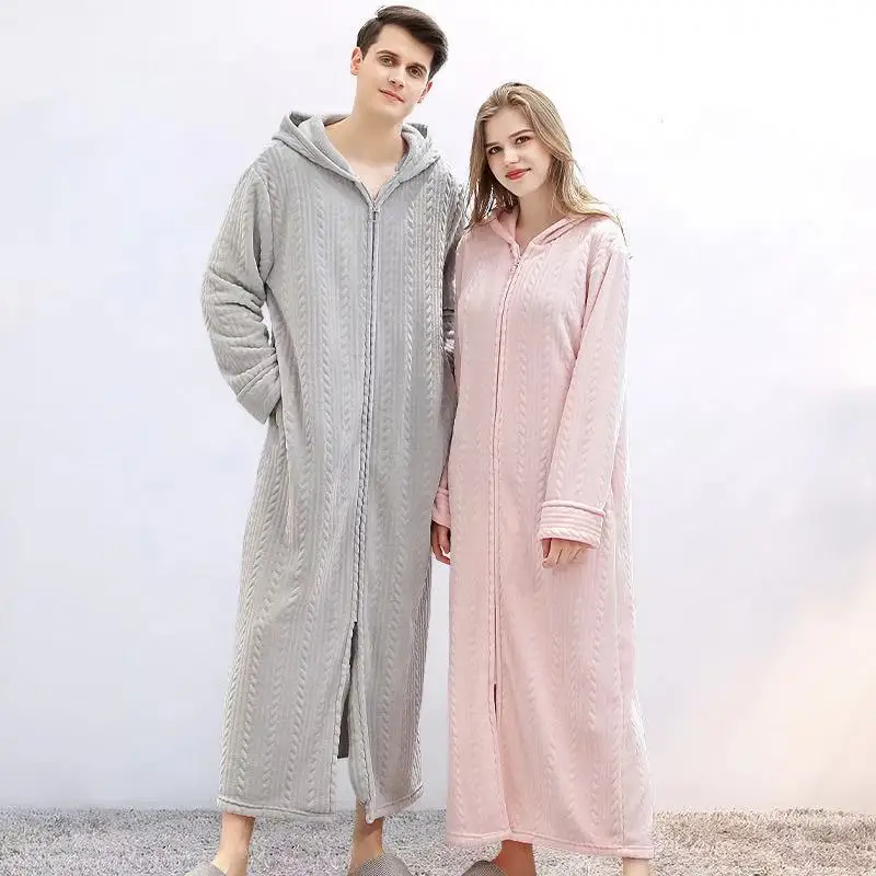 40-100kg Women Winter Plus Size Long Warm Flannel Hooded Bathrobe Men Sleepwear Pregnant Zipper Night Dressing Gown