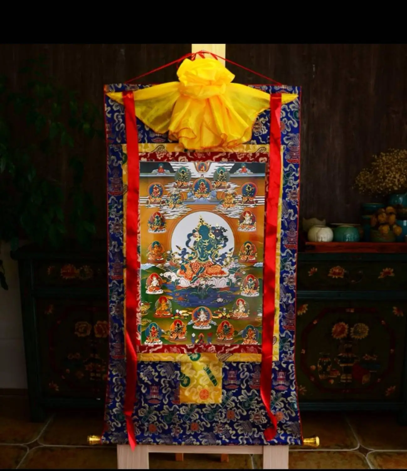 Wholesale Buddhist supplies-87CM Buddhism HOME WALL Decor ART silk holy Buddha Green tara Thang-ga Thangka Buddha painting