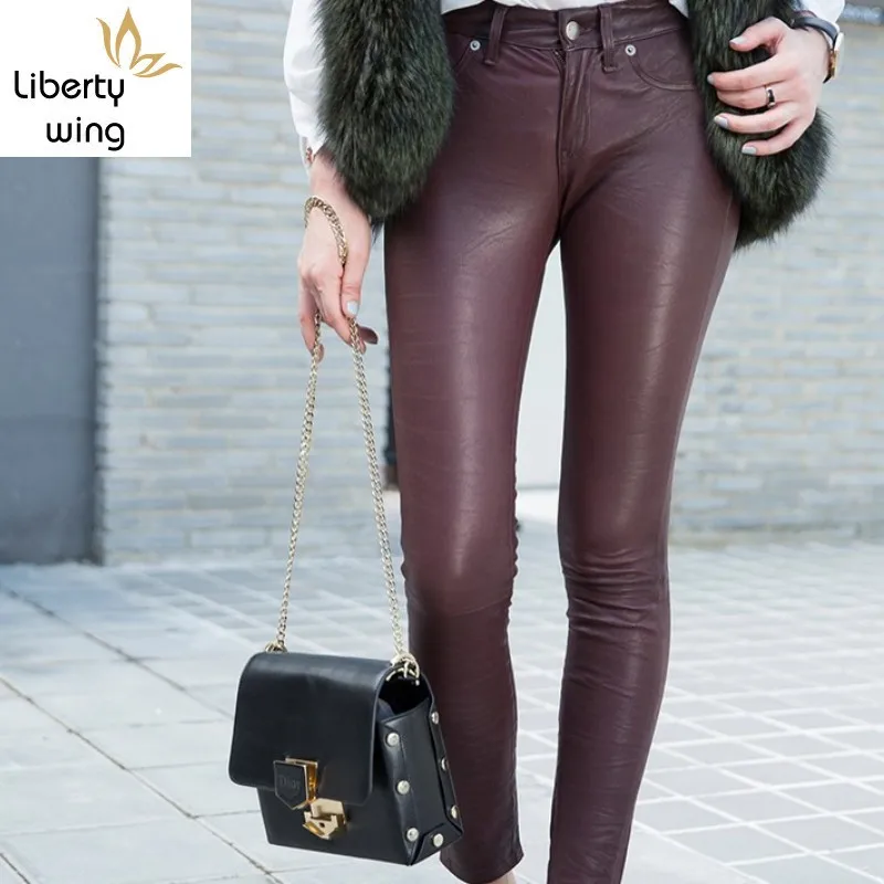 

Luxury Women 100% Sheepskin Genuine Pencil Lady Sexy Stretchy Leggings Push Up Leather Long Trousers Skinny Pants