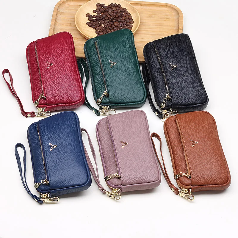 Genuine Leather Women Long Wallets Card Holder Clutch Bag Female Wrist bags Strap Solid Wallet Designer Cowhide phone Purse