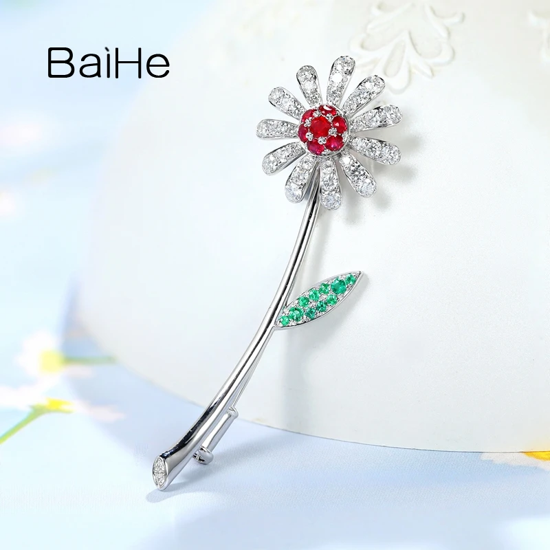 

BAIHE Solid 14K White Gold Natural Ruby Emerald Diamond Flower Brooch Women Trendy Party Fine Jewelry Making Broche flor mujer