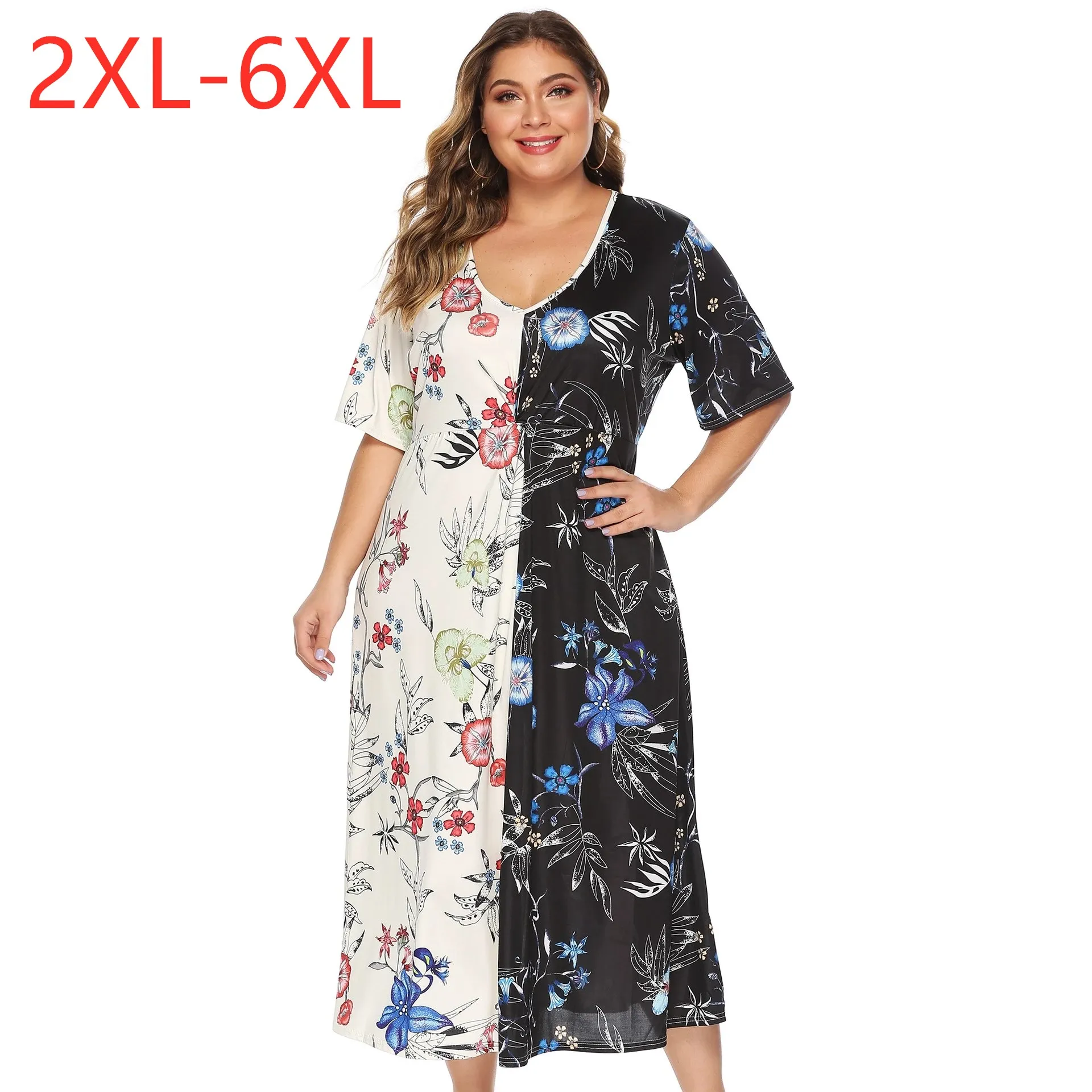 New 2021 summer plus size dresses for women large loose casual short sleeve flower print V-neck long dress 3XL 4XL 5XL 6XL