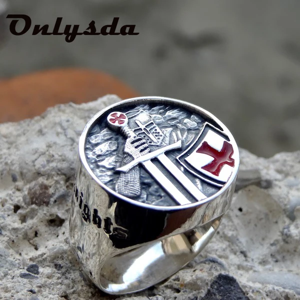 Wholesale Cool Stuff Men\'s Rings Stainless Steel Red Armor Shield Knight Templar Crusader Cross Ring Punk Jewelry