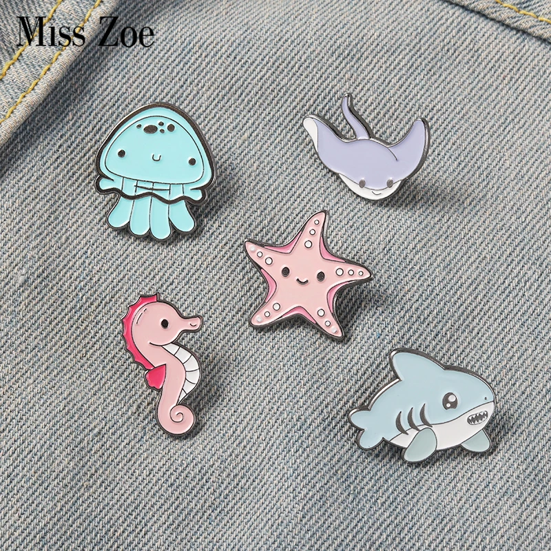 Starfish Shark Octopus Enamel Pins Sea Ocean Animal Brooches Cute Kawaii Cartoon Bag Hat Lapel Pin Badge Gift for Girl Boys