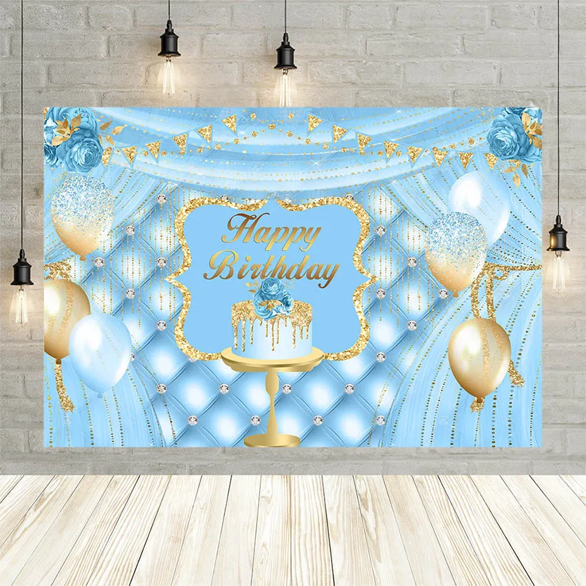 

Avezano Boy Birthday Party Photography Backdrop Banner Blue Curtain Balloons Cake Photo Golden Background Decor Photozone Props