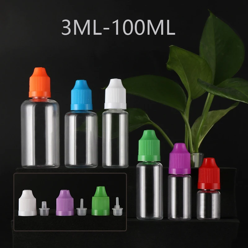 100 Uds. Botellas cuentagotas de plástico de 3ml-100ml, botellas exprimibles para mascotas con tapa a prueba de niños, embudo de puntas largas y finas para manualidades líquidas DIY