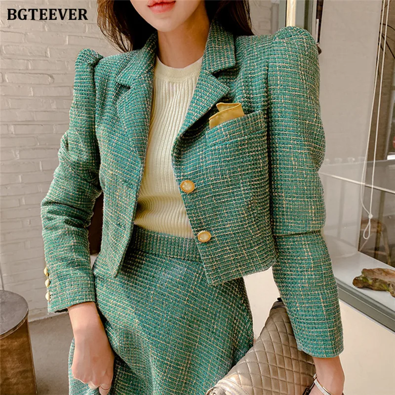 BGTEEVER Vintage Ladies 2 Pieces Skirt Suits Short Jackets & High Waist A-line Midi Skirts 2021 Autumn Elegant Women Suits