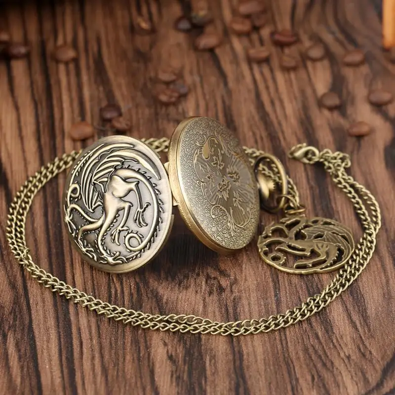 Retro Bronze Three-headed Dragon Monster Pendant Quartz Pocket Watch Necklace Sweater Vintage FOB Chain Clock with Accessory