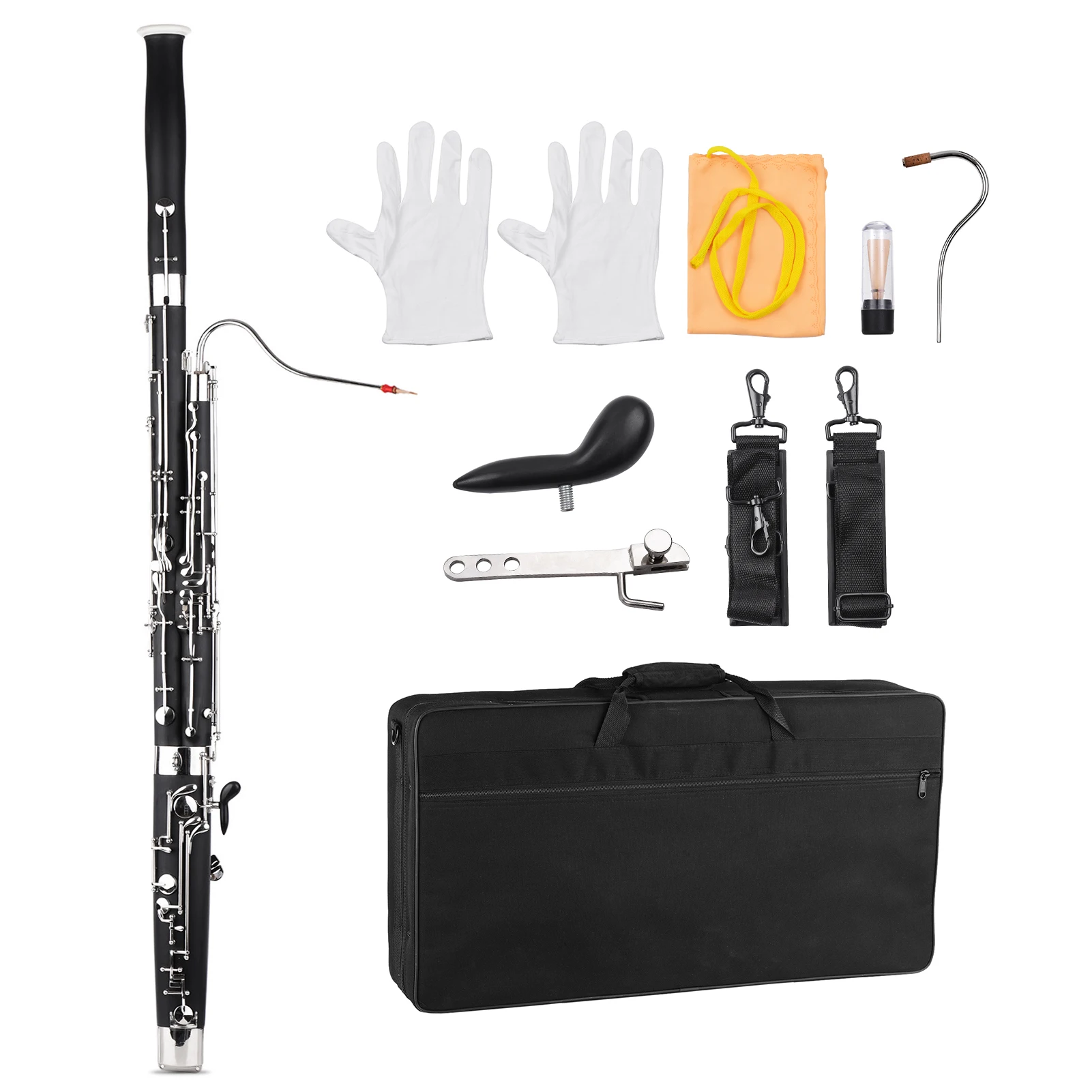 Professional C Key Bassoon Woodwind Instrument Wood Body Nickel-Plated Key with Reed Gloves Cleaning Cloth Carrying Case