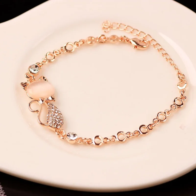 2021 Trend Rose Gold Alloy Cute Cat Bracelet Female Lady Child Girl Gift Jewelry Charm Opal Rhinestone Bracelet Cat Bracelet New