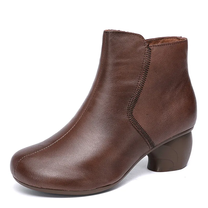 

Ladies Round Heel Boots Women Round Toe Side Zipper Design Winter Genuine Leather Ankle Boots