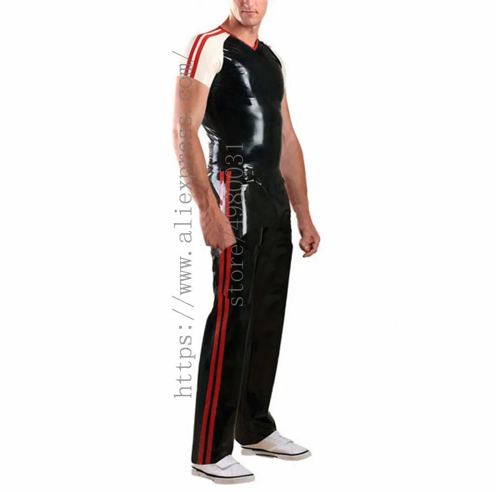 Sports style men's casual suit set including black summer latex t-shirt and latex trousers with 2 red stripes decorations