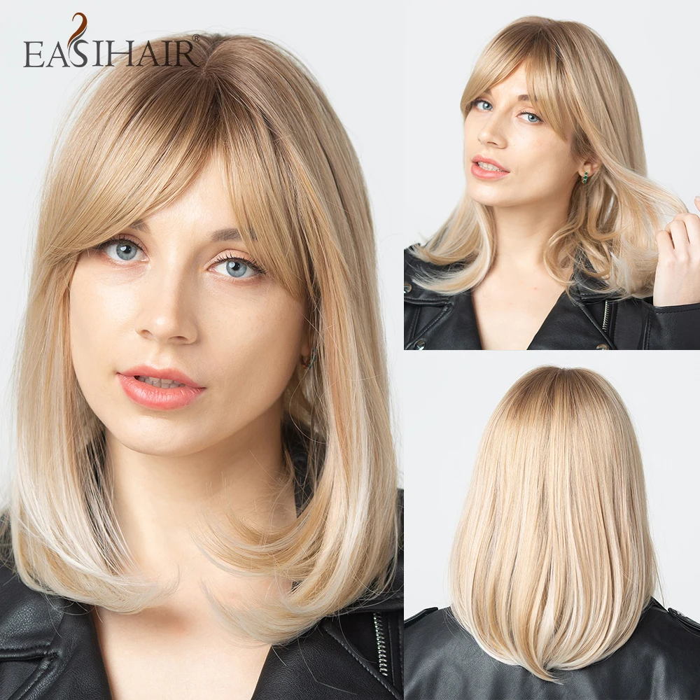 EASIHAIR Blonde Ombre Wigs Synthetic Hair Wigs for Women Natural Bob Wigs with Bangs Heat Resistant Cosplay Wig Cute Futura Hair