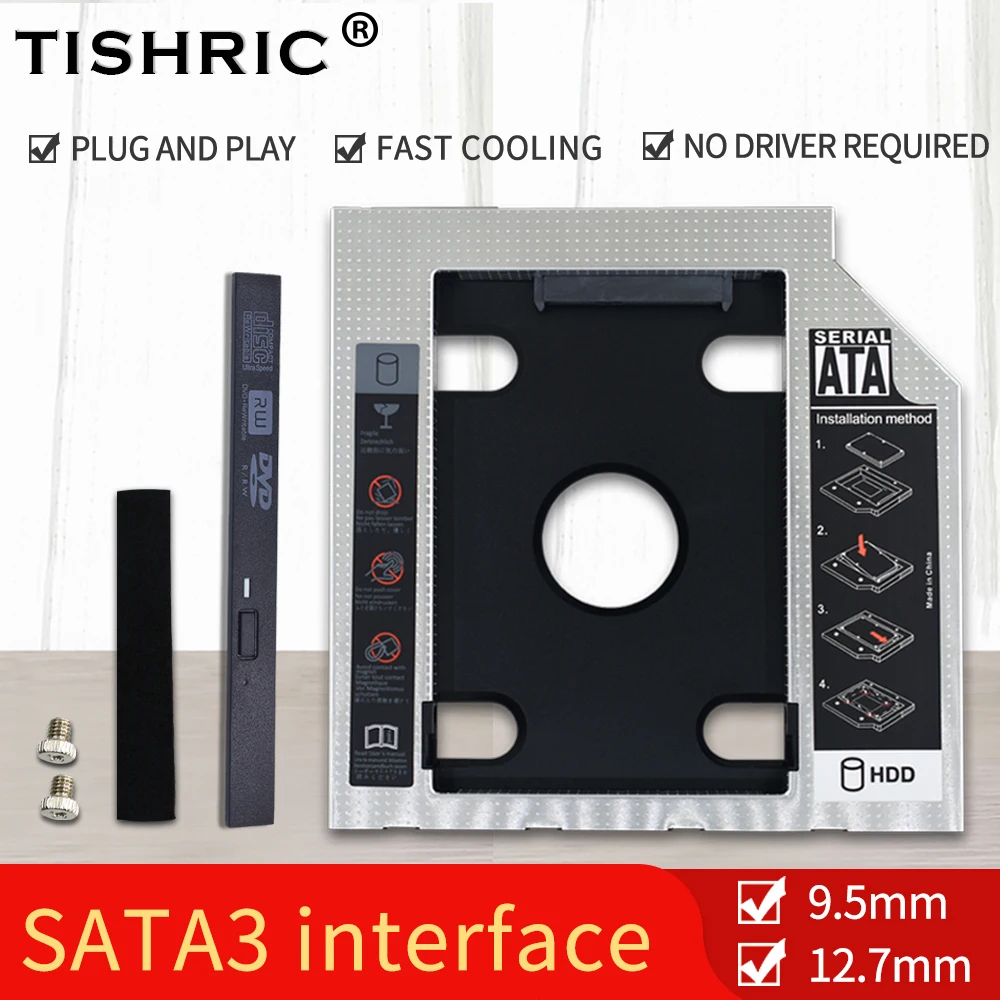 

TISHRIC Universal Aluminum 2nd HDD Caddy 9.5 12.7mm SATA 3.0 Hard Disk Drive Box Optibay Enclosure 2.5 SSD For Laptop DVD-ROM