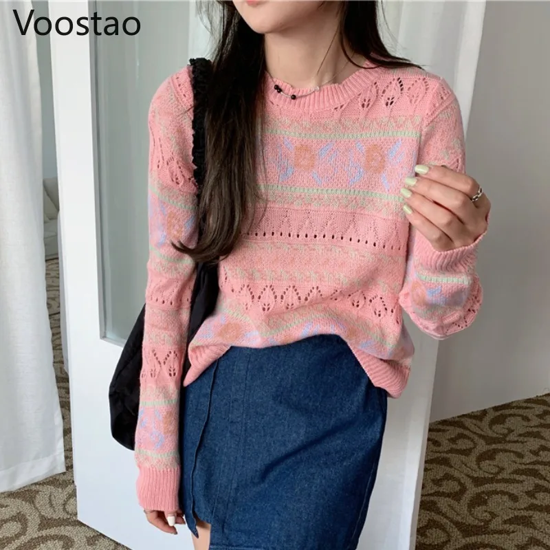 Spring Autumn Sweet Loose O-Neck Knitted Long Sleeve T-shirt Sweater Autumn Women Elegant Hollow Out Floral Pullovers Girly Tops