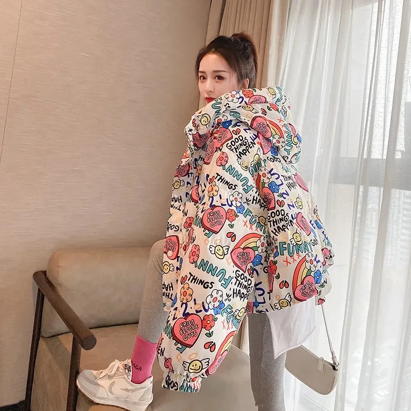 Print High-End Quality Hoody Down Jacket 2024 New Women White Down Cotton Jacket Student Fried Street Winter Thick Coat Oversize