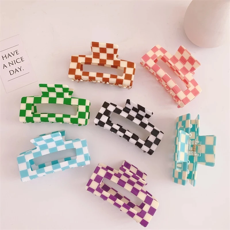 Women Elegant Black White Plaid Hair Claw Large Retro Rectangle Acrylic Hair Clip Crab Girl Hair Accessories