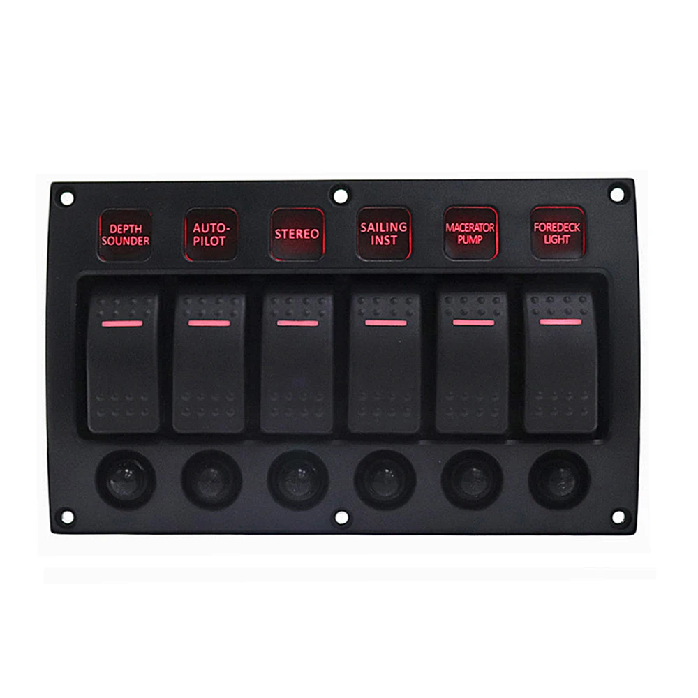 IZTOSS 12V-24V DC 6 Gang  Red LED Toggle Rocker Switch Panel With Waterproof Circuit Breaker for Car Marine Boat RV SP6007-6P