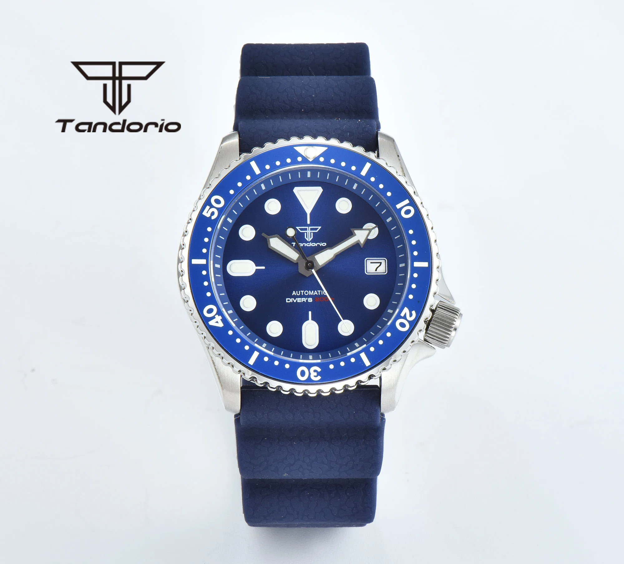 Tandorio 41mm Automatic Diving Men Watch Black/Blue/Green Dial Sapphire Glass NH35 20ATM Date Indicator Rubber Strap Green Lume