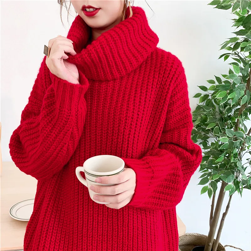 [ZAYAU]Turtleneck Pullover women\'s Loose Fall / Winter Christmas Red Retro Knee Length Sweater Dress Short in Front and Long