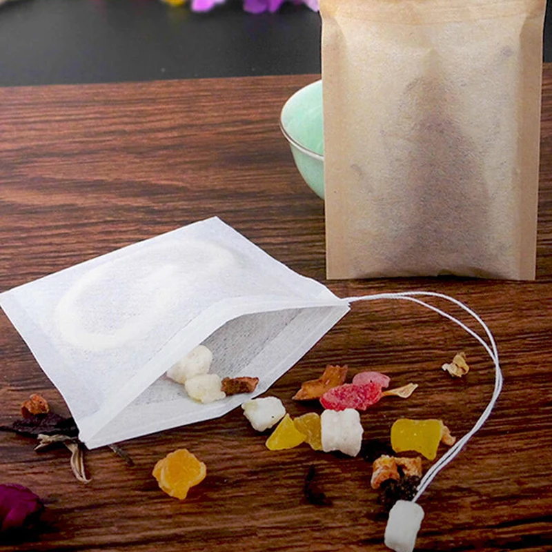 Bolsitas de té vacías con cordón para hierbas, papel de filtro para infusiones sueltas, 100 unidades