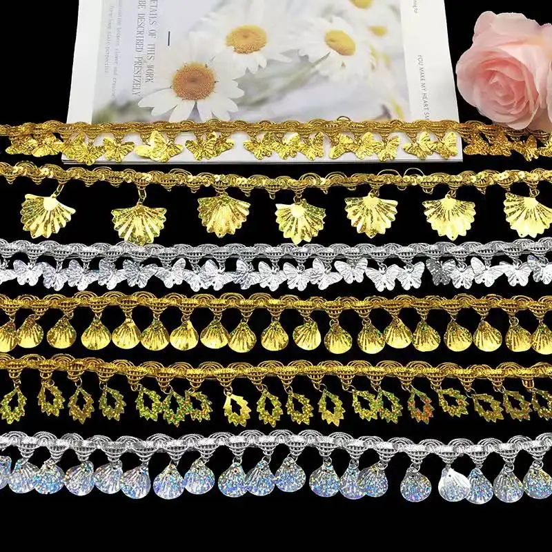 10 ياردة/مجموعة حافة التقوقع المعدنية الذهب الدانتيل التشذيب بريق فراشة شرابات الأعرجاب الدانتيل تقليم