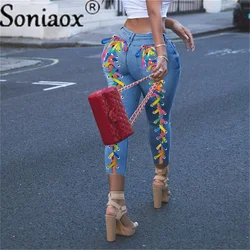 Sexy Bandage Lace Up Grommet Women Denim Pants Blue High Waist Pencil Jeans Pants Skinny Bodycon Hole Street Ripped Trousers