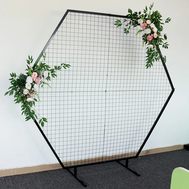 Wedding Props Wrought Iron Mesh Hexagonal Arch Artificial Flower Arrangement Decoration Geometric Shelf Party Stage Background