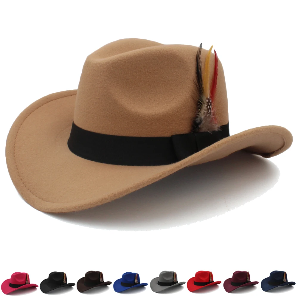 

3 Sizes Parent-child Men Women Kids Western Cowboy Hats Wide Brim Panama Sunhats Feather Band Fedora Caps Trilby Sombrero Travel