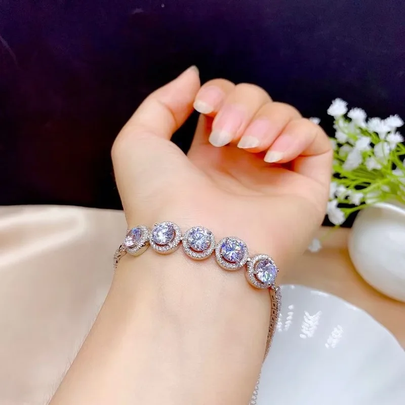 

925 Sterling Silver 5mm Round Moissanite Diamond Adjustable Bracelet for Women Wedding Bride Bridesmaid Jewelry