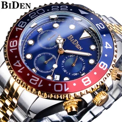 BIDEN Blue Silver Men Quartz Watch Stainless Steel Waterproof Luxury Chronograph Sport Watches Military Date Clock Wristwatch