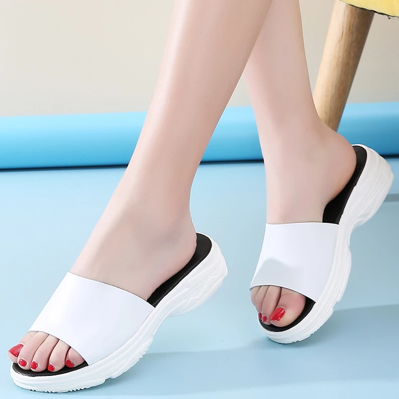 Split Leather Summer Women Slippers Slip On Wedge Shoes Women Beach Slippers Shoes Light Weight  Indoor Outdoor Ladies Slippers