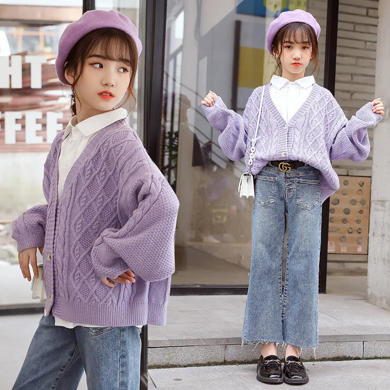 

Girls Sweater Coat Autumn Kids Cardigan Purple Tops Fashion Girls Outerwear Children's Clothing Girls Cardigan 10 12 13 Years