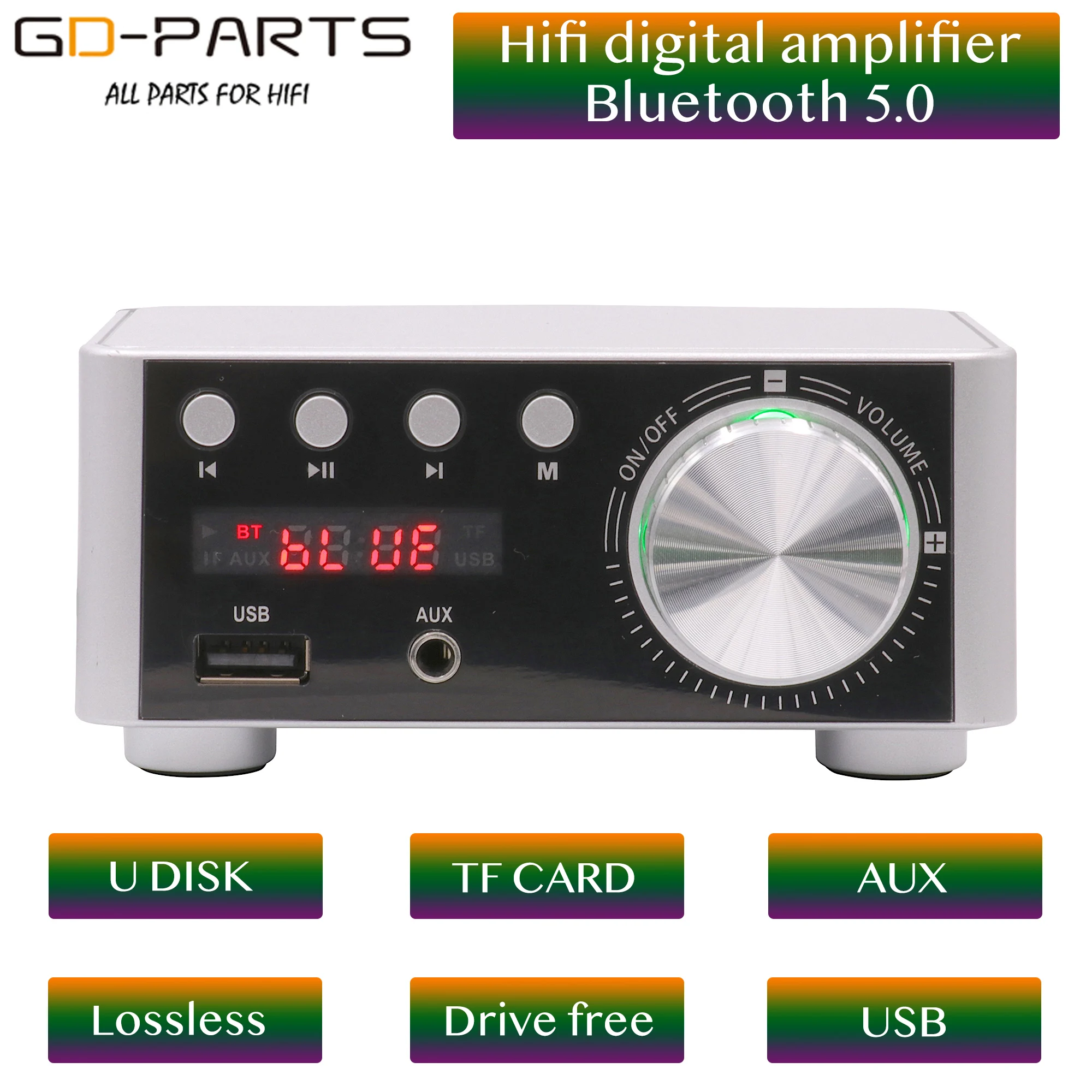 

HiFi Audio Stereo Digital Amplifier Support Bluetooth 5.0 TPA3116 Board 50Wx2 Desktop AMP AUX USB TF Card Player with Power