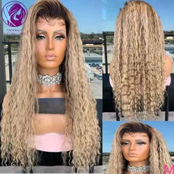 Perruque Lace Front Wig brésilienne naturelle bouclée blond ombré, 13x6, pre-plucked, densité épaisse, partie libre, bon marché, pour femmes