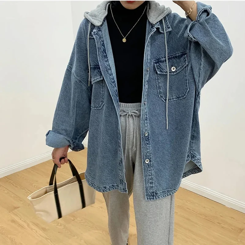 Loose Deconstruct Hooded Denim Jacket For Women Korean Style Spring Jean Coat Oversize Harajuku Blue Denim Outerwear Casual Top